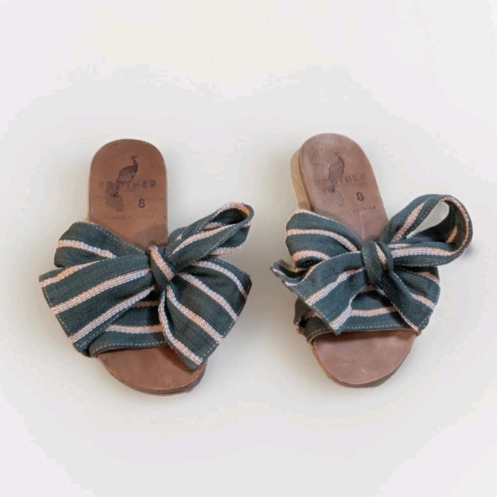 Brother Vellies Green and Cream Striped Bow Slide Sandals